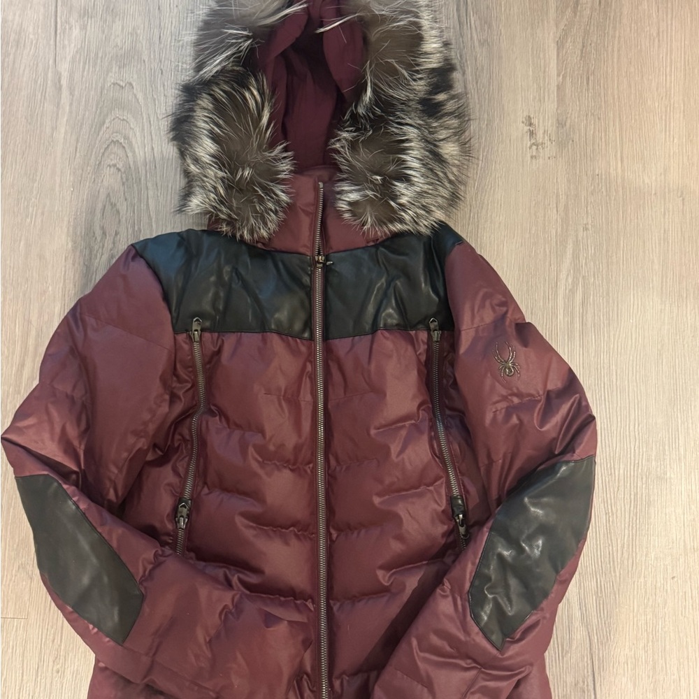 Spyder Red and Black Ski Jacket with Faux Fur Hood